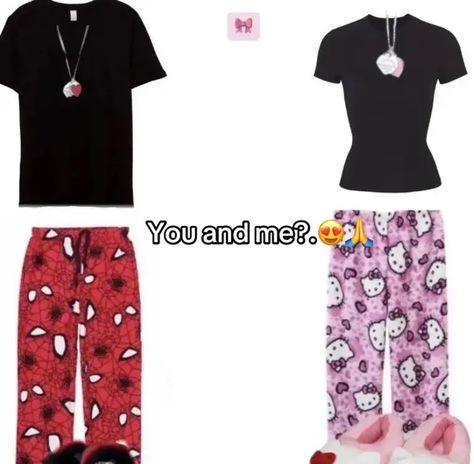 Hello Kitty And Spiderman Pjs, Hello Kitty Matching Pjs Couple, Matching Spiderman Outfits, Hello Kitty Pjs Couple, Bf And Gf Matching Pjs, Bf And Gf Matching Outfits, Cute Matching Pjs, Cute Matching Outfits For Couples, Spider Man Pjs