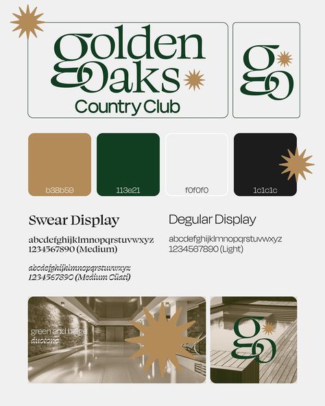 My submission for the Golden Oaks Country Club branding (Brief 67), where excellence meets tranquility 🌳☀️ This is my first time submitting a project to The Brief Association, I have well and truly loved taking part in this project, alongside seeing everyone else’s work! For this branding, I wanted to focus on the warm tones associated with Golden, as well as the greenery of Oak trees. Hence, the gold and green colour palette. The logos I created are simple, yet have their own unique element... Branding Brief, Oak Logo, Green Branding, Club Branding, Green Palette, Oak Trees, Green Colour Palette, Gold And Green, Green Colour