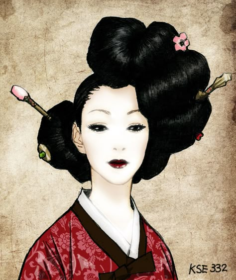 Image work 2 by *kse332 at deviantart Art Geisha, Korean Painting, Geisha Art, Flowers In Her Hair, Posca Art, John Singer Sargent, Japanese Geisha, Traditional Korean, Korean Art