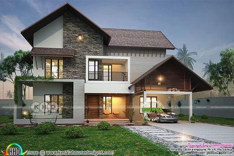 2900 square feet 4 BHK sloped roof house Stilt House, Concrete Fountains, Sloped Roof, Sloping Roof, Kerala House, Small House Elevation, Roof House, Modern Small House Design, Small House Elevation Design