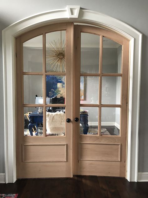 French Doors For Office, Home Office French Doors, Arched French Doors Interior, French Doors Office, Office French Doors, Pintu Ganda, Arched French Doors, Feminine Home Office, French Doors With Screens