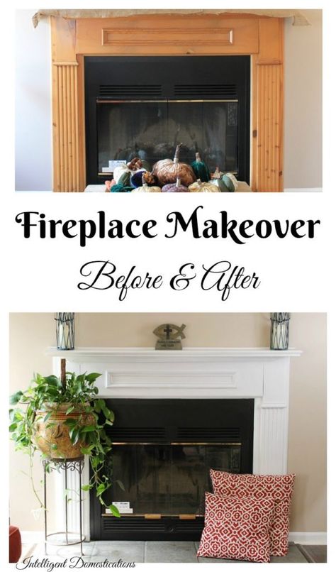 Fireplace-Makeover-Before-and-After-pictures.-We-painted-our-natural-wood-fireplace-white-and-love-it.-See-the-Before-and-After-to-help-you-decide-if-you-should-paint-your-fireplace-too Gas Fireplace Makeover, Before And After Fireplace, Fireplace Makeovers, Ranch Home Remodel, Wood Fireplace Surrounds, Fireplace White, Home Remodel Before And After, Fireplace Redo, Diy Outdoor Fireplace