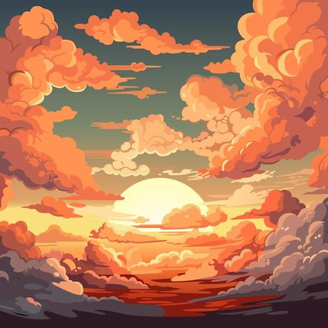 Vector evening sky clouds sunset backgro... | Premium Vector #Freepik #vector #anime-sky #sunset-clouds #sky-illustration #dusk Cartoon Illustration Background, Sun Behind Clouds Drawing, Clouds Vector Illustration, Sky Vector Illustration, Sunset Clouds Drawing, Sky Aesthetic Illustration, Cloudy Sky Drawing, Anime Clouds Sky, Sky Drawing Clouds