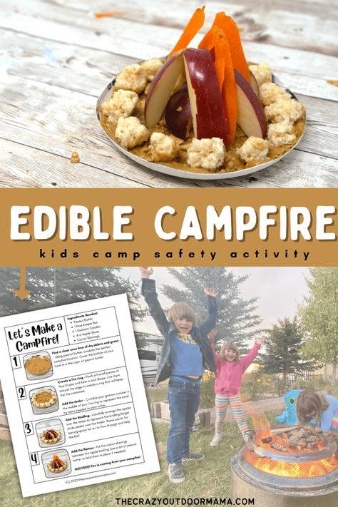 campfire made from food with recipe card and safety activity for kids Camping Week Preschool Activities, Camping Themed Snacks, Edible Campfire, Camping Food Ideas For Kids, Campfire Safety, Scout Camping Activities, Camping Week, Classroom Camping, Camping Activites For Kids