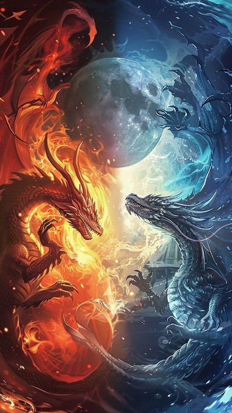 Fire dragon surrounded by flames, ice dragon surrounded by frost, warm colors for fire, cool colors for ice, dragons in dynamic poses, sun and moon in the background, Earth between them, style of a novel cover Dynamic Dragon Poses, Moon And Sun Art, Fire And Ice Dragons, Frost Dragon, Neat Drawings, Sun Dragon, Celestial Dragon, Lightning Dragon, Moon Dragon