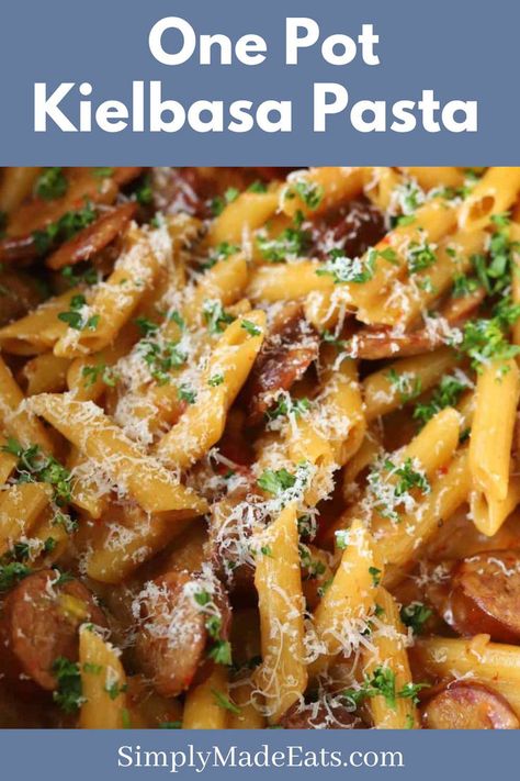 Kielbasa pasta in pot. Ravioli And Kielbasa, Kielbasa And Noodles, Kielbasa Meals, Kielbasa And Pasta, One Pot Kielbasa, Kielbasa Pasta Recipes, Creamy Penne Pasta, Kielbasa Pasta, Cheesy Macaroni