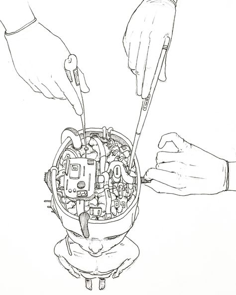 Exposed Brain Drawing, Surgery Drawing Art, Brain Surgery Aesthetic, Brain Drawing Creative, Brain Decor, Technology Art Drawing, Tok Exhibition, Surgeon Drawing, Surgery Drawing