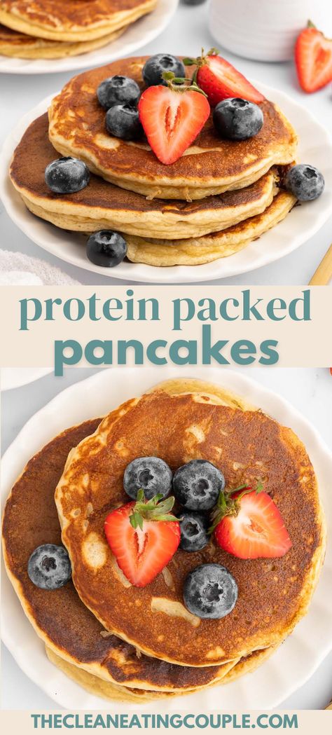 The ultimate Protein Packed Pancakes Recipe. Made with only 7 simple ingredients (vanilla or vegan protein powder), these pancakes are moist, fluffy and packed with 16g of protein! An easy and healthy breakfast recipe! Protein Packed Pancakes, Best Protein Pancakes Recipe, Fluffy Protein Pancakes Recipe, Vanilla Protein Powder Pancakes, High Protein Pancake Recipe, High Protein Pancake Muffins, Homemade Protein Pancakes, Protein Shake Pancakes, Low Carb High Protein Pancakes