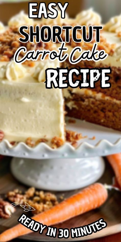 Easy Shortcut Carrot Cake With this easy recipe, you can enjoy all the delicious flavors of a classic carrot cake in a fraction of the time. Imagine moist, spiced cake layers infused with carrots, walnuts, and warm cinnamon, all topped with a generous layer of Carrot Cake Recipe With Baby Food, Best Carrot Cake Recipe From Scratch, Carrot Cake Recipe From Scratch, Carrot Recipes Dessert, Sugar Free Carrot Cake, Classic Carrot Cake, Box Cake Recipes, Spiced Cake, Carrot Cake Recipe Easy