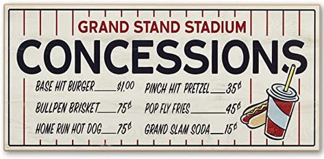 Amazon.com: Open Road Brands Nostalgic Baseball Wall Decor - Large Wood Concessions Sign - Baseball Decor for Bedroom, Sports Wall Art for Man Cave : Home & Kitchen Concessions Sign, Baseball Concessions, Pretzel Pops, Baseball Wall Decor, Diner Sign, Baseball Wall, Vintage Diner, Baseball Decor, Retro Diner