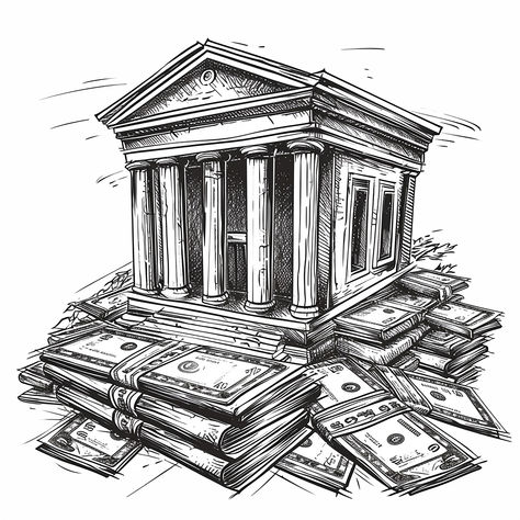 Hand drawn illustration of bank building with stacks of money Doodle style illustration Money Stack Drawing, Money Doodle, Bank Drawing, Bank Pictures, Money Artwork, Stacks Of Money, Paintings Tattoo, Stack Of Money, Bank Illustration