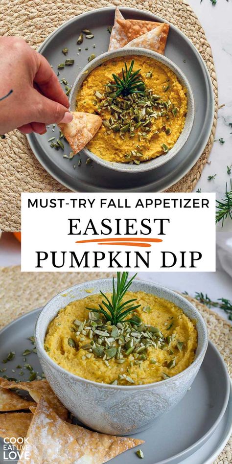 Looking for the best fall appetizer or savory snack? You must try this Savory Pumpkin Dip with Chickpeas and Wonton Crackers! This creamy and flavorful pumpkin recipe is perfect for impressing guests with its rich, autumnal taste. Quick to whip up and full of seasonal flavor, it's the perfect cozy fall snack or appetizer for your festive gatherings or dinner party. #fallappetizers #pumpkindip #fallrecipes Gf Halloween Appetizers, Savory Pumpkin Dip Recipes, Pumpkin Dip Savory, Pumpkin Butter Appetizer, Pumpkin Shaped Appetizers, Savory Pumpkin Dip, Vegan Fall Appetizers For Party, Savory Pumpkin Appetizers, Halloween Dip Recipes