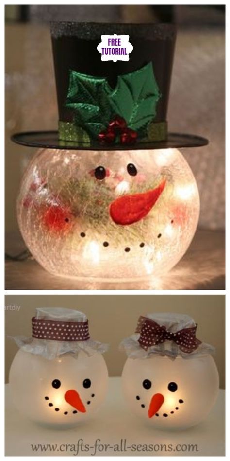 DIY Fish Bowl Snowman Candle Holder Tutorial Diy Fishbowl Snowmen, Diy Glass Snowman Snow Globes, Snowman Fishbowl Christmas, Diy Fish Bowl Snowman, Fishbowl Candle Holder, Glass Fish Bowl Crafts, Fish Bowl Christmas Crafts, Snowman Fish Bowl Craft, Glass Bowl Crafts Diy