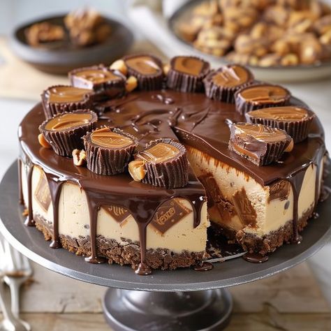 Reese's Peanut Butter Cup Cheesecake Reese’s Peanut Butter Cup Cheesecake Recipes, Reese's Peanut Butter Cheesecake, Reeses Cheesecake, Cup Cheesecake, Peanut Butter Cup Cheesecake, Bar Desserts, Reese's Peanut Butter Cup, Impressive Desserts, Homemade Cheesecake