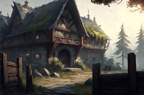 Fantasy Farm Art, Fantasy Home Concept Art, Fantasy Buildings Art, Fantasy Farmhouse, Medieval Farm, Fantasy Farm, Farm Village, Fantasy Town, Dungeons And Dragons Game