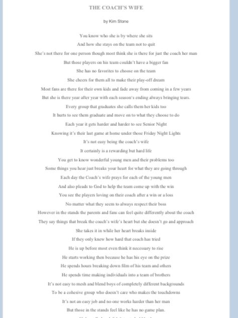 Wife of a Coach 1 of 3! Made me Cry! Coaches Wife Quotes, Football Coach Wife, Wife Poems, Prayer For Wife, Football Banquet, Coaches Wife, Footballers Wives, Football Family, Jets Football