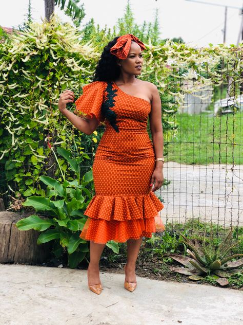 Orange Traditional Dresses, Seshweshwe Dresses Design Outfit, Seshweshwe Dresses Design, Ankara Outfits For Ladies, Lobola Dresses, Seshweshwe Dresses, Seshoeshoe Dresses, South African Traditional Dresses, Ankara Outfits