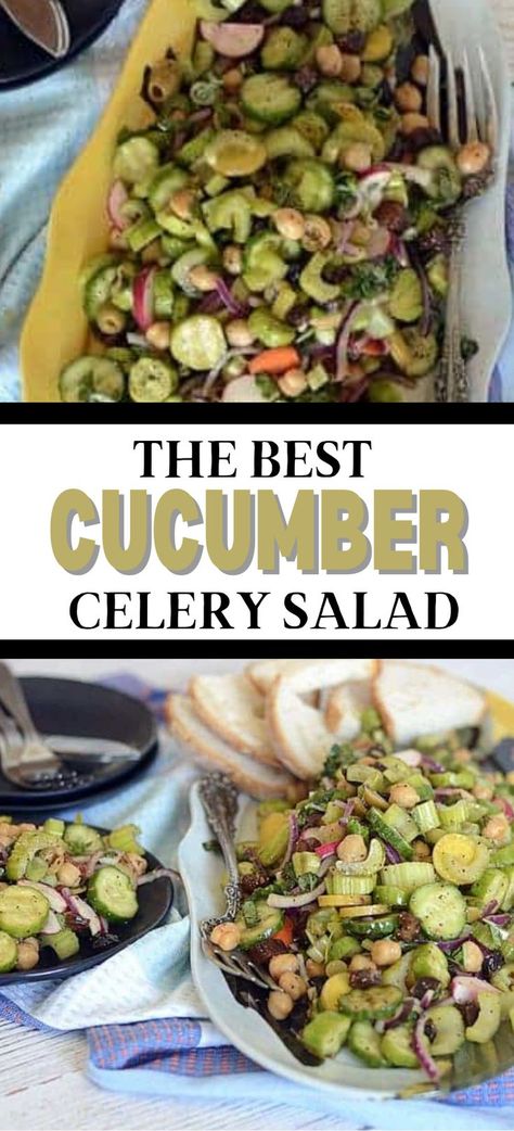 Collage of overhead shot of cucumber celery salad at top and plateful of cucumber celery salad with toast points at bottom. Celery Recipes Salad, Date Salad, Sausage Hashbrown Breakfast Casserole, Celery Salad, Cucumber Recipes Salad, Cold Salad, Refreshing Salad, Veggie Salad, Healthy Ingredients