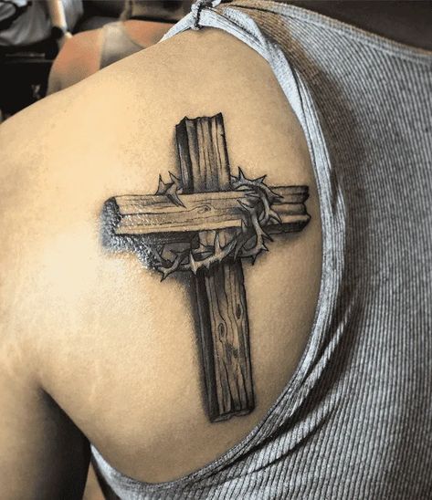 Cross With Flag Tattoo, Cross With Crown Of Thorns Tattoos For Men, Cross And American Flag Tattoo, Shoulder Cross Tattoo Men, Realistic Cross Tattoo, Cross Tattoo Cover Up Ideas, Cross Cover Up Tattoo Ideas, Old Rugged Cross Tattoo, Big Cross Tattoos