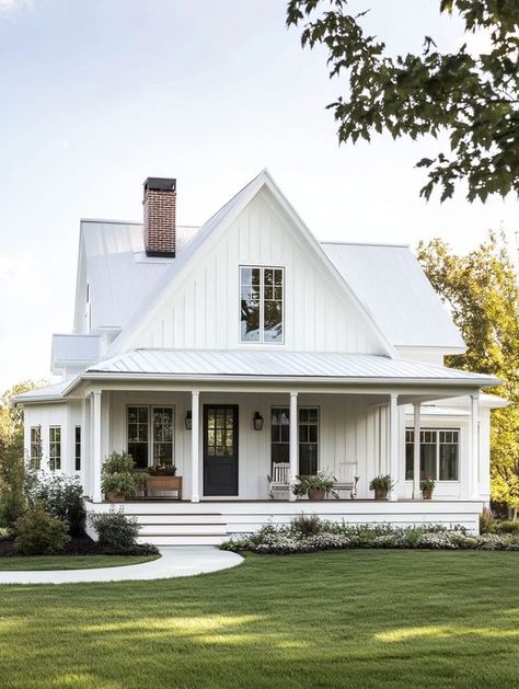 Farmhouse dreams All White Farmhouse, Farm Dream, White Farmhouse Exterior, House Lights, White Farmhouse, Cozy Farmhouse, Farmhouse Exterior, Farmhouse Lighting, New Builds