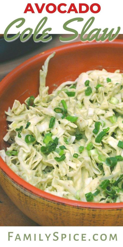 This creamy avocado coleslaw is a delicious alternative using healthy avocados which are less in saturated fat, unlike mayonnaise. Avocado Coleslaw, Sweet Coleslaw Recipe, Avocado Slaw, Healthy Coleslaw, Creamy Coleslaw, Slaw Recipes, Stuffed Avocado Healthy, Coleslaw Recipe, I Want To Eat