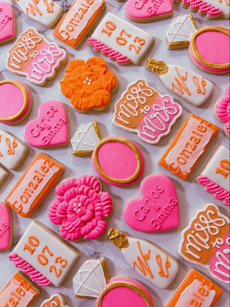 Pink And Orange Desserts, Hot Pink Bridal Shower Cookies, Bachelorette Dessert Table, Pink And Orange Bachelorette Party Theme, Pink And Orange Engagement Party, Pink And Orange Bridal Shower Cookies, Colorful Bridal Shower Theme, Bridal Shower Orange And Pink, Hot Pink And Orange Bridal Shower Ideas