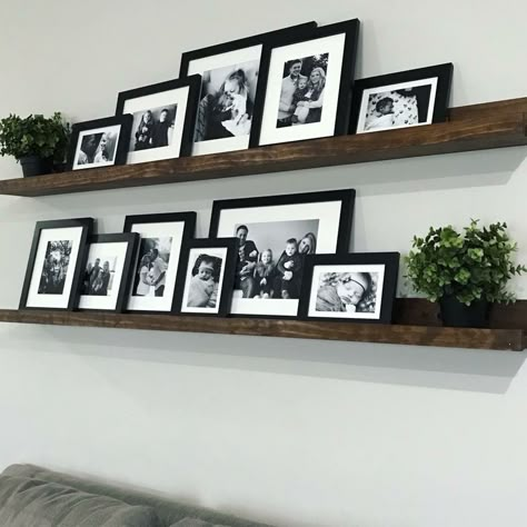 Shelf For Picture Frames, Picture Floating Shelves, Floating Shelves Photo Wall, Wood Shelves With Pictures, Floating Shelves With Framed Pictures, Picture Frame On Shelves, Frames On Floating Shelves, Wall Shelves With Picture Frames, Long Shelf With Pictures