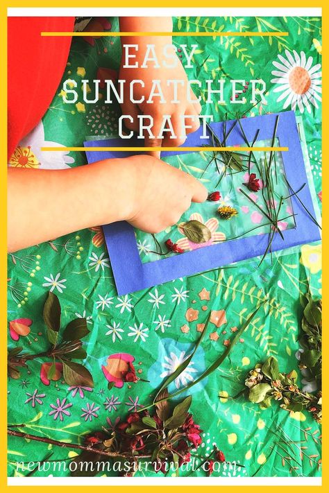 Take your kids on a nature scavenger hunt and then use what they find to make a simple and fun suncatcher ! Nature Sun Catcher, Sun Catcher Craft, Toddlers Activities, Nature Scavenger Hunt, Environment Projects, Nature Collage, Suncatcher Craft, Outdoor Environment, Nature Walk