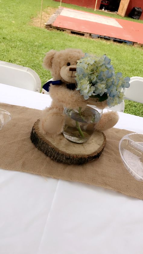 Ready Bear Center Piece, Simple Bear Centerpieces, Teddy Bear Centerpieces Wood, Teddy Bear And Flowers Centerpieces, Gender Reveal Teddy Bear Theme Centerpieces, Simple Teddy Bear Centerpieces, Bear Themed Centerpieces, Teddy Bear Mason Jar Centerpieces, Teddy Bear Flower Centerpiece