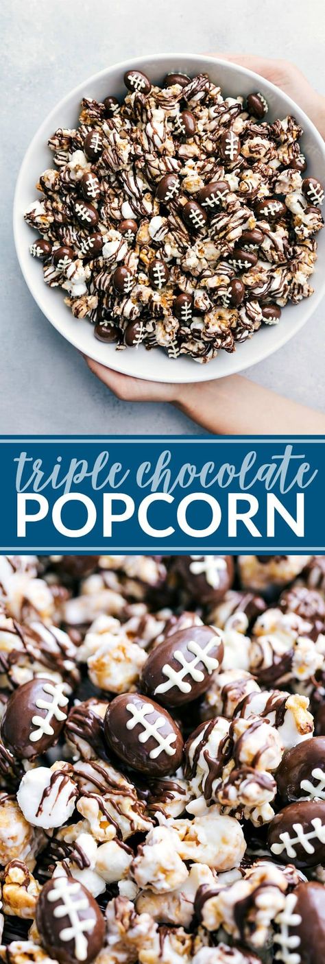 The ultimate BEST EVER triple chocolate popcorn with optional chocolate covered almond footballs! This recipe is from a famous Cleveland bakery and everyone always BEGS for this recipe! Video tutorial and step by step directions! via chelseasmessyapron.com #dessert #triple #chocolate #popcorn #easy #quick #treat #football #tailgaiting #party #potluck #kidfriendly #chocolate #dark #white #milk #sugar White Chocolate Popcorn Recipe, Popcorn Recipes Chocolate, Popcorn Butter, Covered Popcorn, Chocolate Drizzled Popcorn, Chocolate Covered Popcorn, Satisfying Snacks, White Chocolate Popcorn, Chocolate Pops