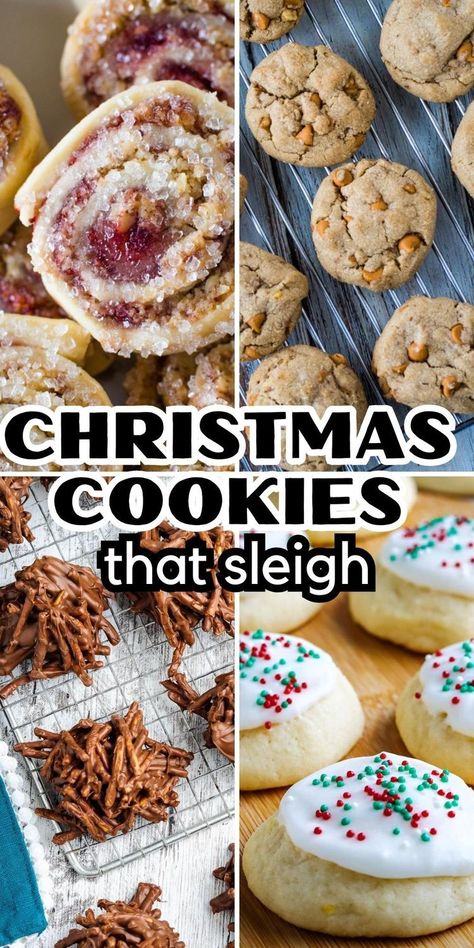 Christmas Cookies  for Baking Pinterest pin. Santa Cookie Recipe, Heath Bar Cookies, Christmas Cookie Frosting, Andes Mint Cookies, Sour Cream Cookies, Chocolate Caramel Cookies, Potato Chip Cookies, Butterscotch Cookies, Best Holiday Cookies