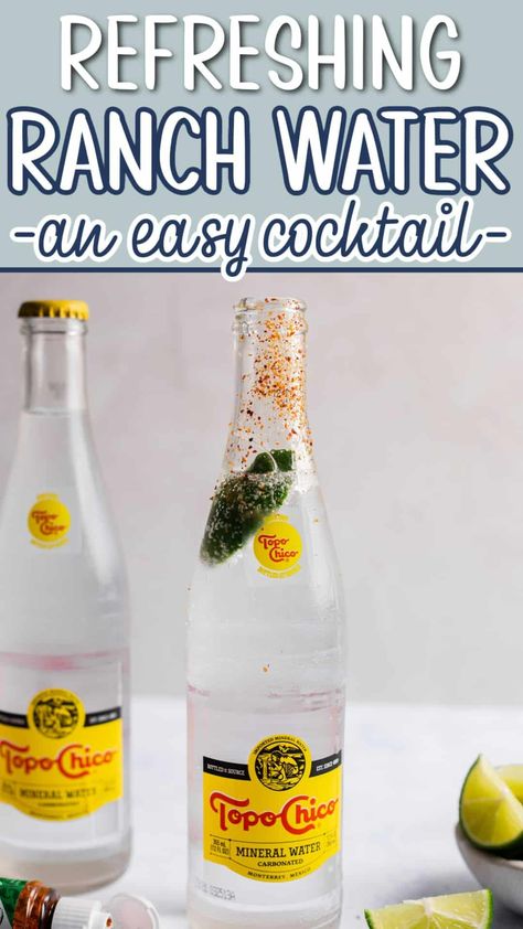 Beat the Texas heat with the ultimate refreshing cocktail - Ranch Water! This tequila highball mixed with lime and Topo Chico is the perfect cooling drink that you've been looking for. Ranch Water In Topo Chico Bottle, Ranch Water Recipe, Cucumber Drink, Ranch Water, Mexican Drinks, Refreshing Cocktail, Cocktail Drink, Hard Seltzer, Easy Cocktails