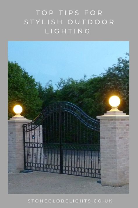 Create a grand entrance by night and day with the Finial Globe Lights. Designed for gateposts, pillars and piers with a dual day and night function. One moulded piece with ball and plinth combined. Colour customised to match your entrance décor and available in two sizes. Hand crafted with care in the UK with a 10 year warranty on the Finial Globe cover. Find out how you can have stylish outdoor lighting for your gated entrance and maximise your curb side appeal by clicking on the image. Gate Lights Entrance, Outdoor Entrance Lighting, Driveway Pillars With Lights, Globe Lights Outdoor, Driveway Columns, Gate Lights Outdoor, Pillar Lights Outdoor, Outdoor Globe Lights, Driveway Lights