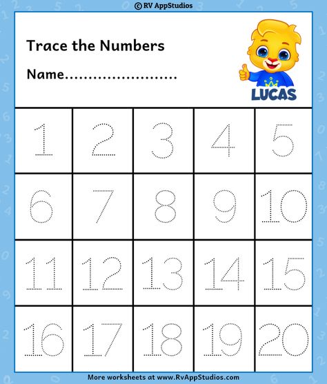 Free Printable Worksheets for Kids - Tracing Numbers 1-20 Worksheets Kids Learning Numbers, Number Recognition Worksheets, Trace Numbers, Counting Worksheets For Kindergarten, Number Worksheets Kindergarten, Tracing Worksheets Free, Tracing Numbers, Free Printable Numbers, Numbers Worksheet