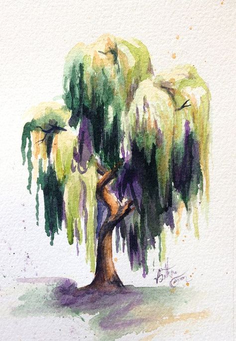 Willow Tree Drawing Reference, Willow Tree Art Drawing, Willow Tree Reference, Cute Water Colour Art, Stuff To Watercolor, Colorful Tree Drawing, Willow Tree Artwork, Willow Tree Watercolor Painting, Side Tree Drawing