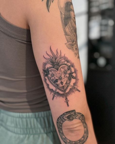 Sacred Heart added to Zoey’s collection done using @sombragrays Sacred Heart Mary Tattoo, Cross In Heart Tattoo, Sacred Heart Of Mary Tattoo, Corazon Sagrado Tattoo, Lady Guadalupe Tattoo, Small Sacred Heart Tattoo, Sacred Heart Tattoo Mexican, Our Lady Of Sorrows Tattoo, Virgin Mary Tattoo For Women