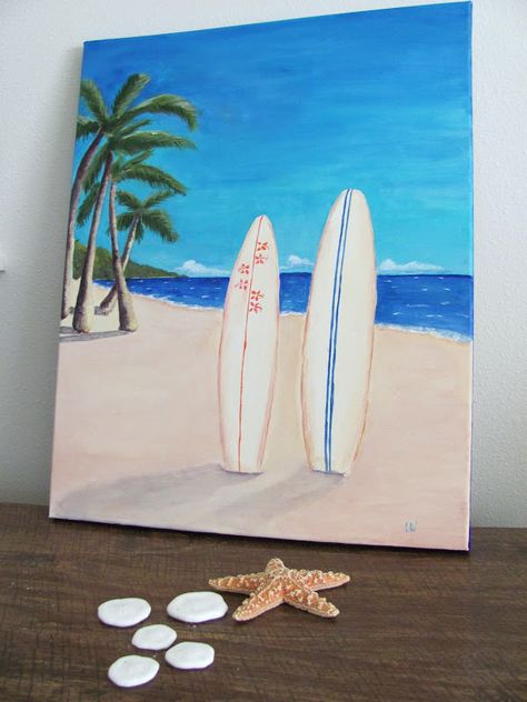 Painting Ideas On Canvas Summer Vibes, Sup And Paint Ideas, Aesthetic Beach Painting Ideas, Surfboard Canvas Painting, Surf Boards Painting, Painting Of A Surfboard, Summer Paintings Simple, Surf Painting Ideas, Summer Simple Paintings