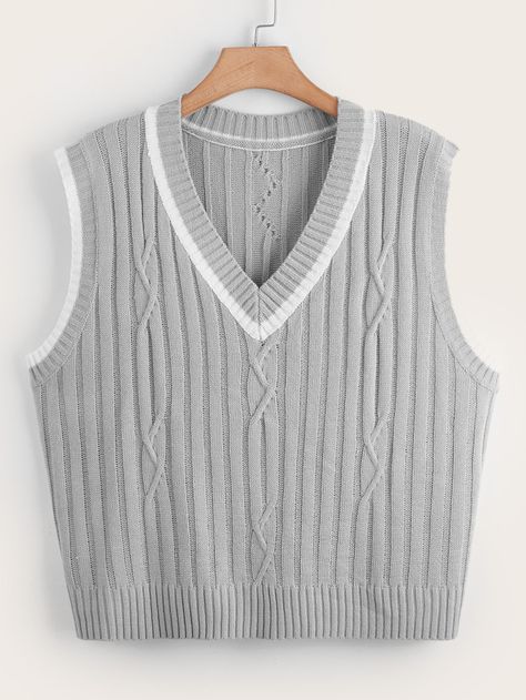 Grey Casual  Sleeveless Acrylic Plain  Embellished Slight Stretch Spring/Fall Plus Size Knitwear Plus Size Knitwear, Oversized Grey Sweater, Fall Plus Size, Knit Sweater Vest, Knit Tops, Simple Trendy Outfits, Ribbed Knit Sweater, Knit Outfit, Contrast Trim