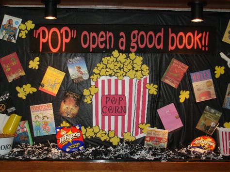 "POP" open a good book!! Movie Theme Book Fair, Reading Week Door Decorations Ideas, Book Fair Bulletin Board Ideas, Book Fair Theme Ideas, Scholastic Book Fair Themes, Book Fair Decoration Ideas, Book Fair Decorations, Pop Open A Good Book, Bookfair Themes