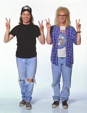 Wayne and Garth in Wayne's World 90s Character Costumes, Waynes World Costume, Movie Fancy Dress, Couples Fancy Dress, 90s Dress Up, 90s Fancy Dress, Dana Carvey, 80s Fancy Dress, 90s Halloween Costumes