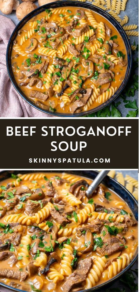 Beef Stroganoff Soup – Skinny Spatula Small Town Woman Beef Noodle Soup, Beef Stroganoff Soup Crockpot, London Broil Soup Recipes, Beef Stroganoff Soup Instant Pot, Leftover Beef Soup, Beef Broth Noodle Soup, Leftover Beef Roast Soup, Soup With Roast Meat, Beef Stock Soup Ideas