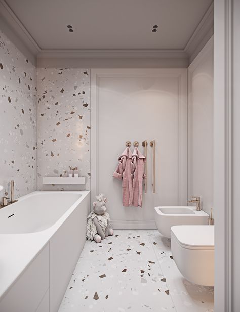 Kids Bathroom Design, Terrazzo Bathroom, Girl Bathrooms, Childrens Bathroom, Baby Bathroom, Bathroom Organization Diy, Bad Inspiration, Toilet Design, Girls Bathroom