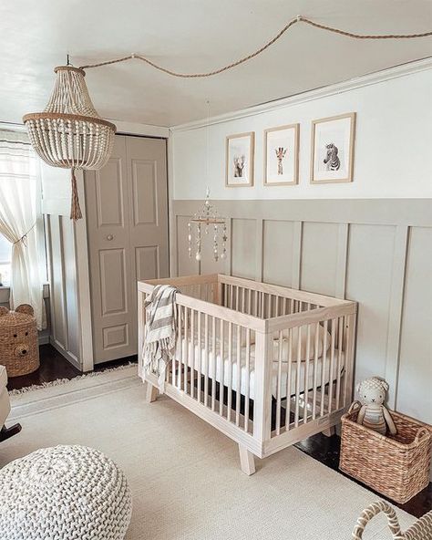 Amazon Home on Instagram: "Neutral nursery inspo 👶 Share your nursery style using #AmazonHome and shop these looks at the link in bio. 📷: @kaylee_dolin, @clurcee, @cacticotto_home, @allihavrilla, @jessicalouise.home" Wainscoting One Wall Nursery, Wood Pannel Ideas Nursery, Nursery Ideas Tan Walls, Light Neutral Nursery, White Accent Wall Nursery, Slat Wall Ideas Nursery, Accent Wall Uneven Ceiling, Nursery Panel Wall, Panelled Nursery Ideas