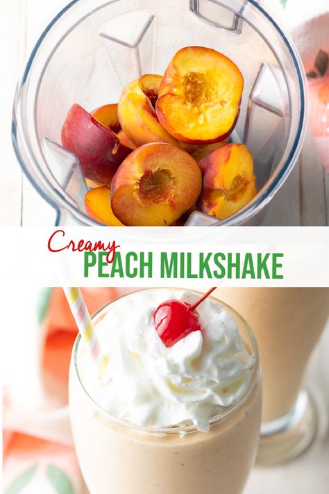 The BEST Peach Milkshake Recipe - It's easy to make perfectly cold, creamy and sweet peach shakes at home that taste BETTER than your favorite summer Chik-Fil-A treat. Try this copycat recipe to whip up a batch for and afternoon treat or dessert in just 5 minutes with 5 simple and wholesome ingredients! They are a healthier version of peach milkshakes with fewer calories but LOTS of summer flavor. | A Spicy Perspective Peach Milkshake Recipe, Peach Shake, Peach Milkshake, Fruit Milkshake, 5 Minute Recipe, Milkshake Recipe Easy, Peach Smoothie Recipes, Peach Drinks, Vegan Whipped Cream