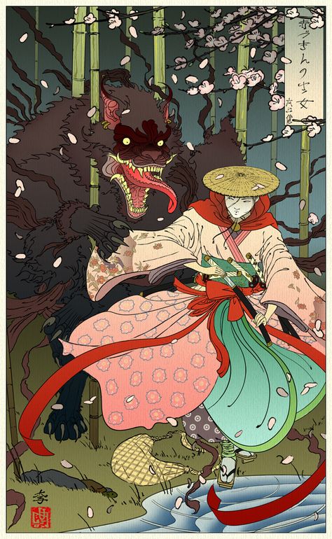 little red oni slayer by gorrem Tengu Tattoo, Japanese Yokai, Japanese Myth, Mask Drawing, Japanese Monster, Japanese Mythology, Japanese Folklore, Art Asiatique, Japanese Illustration