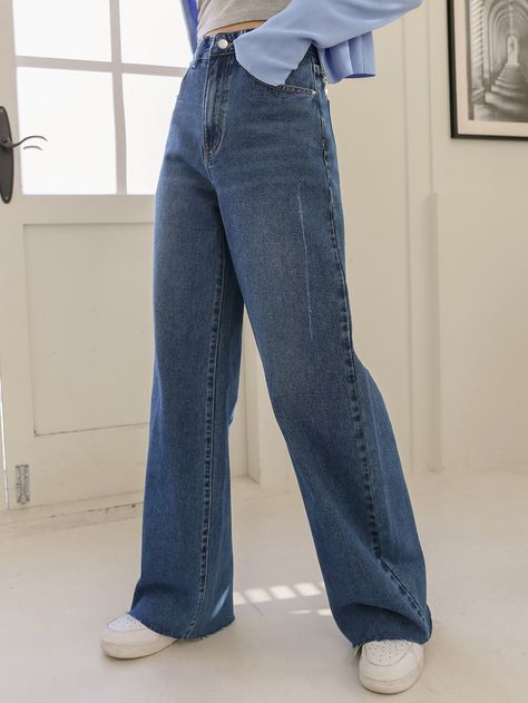 Medium Wash  Collar  Denim Plain Wide Leg Embellished Non-Stretch  Women Clothing Highwaist Jean Outfits, Jeans Aesthetic, Minimalist Outfits, Trousers Outfit, Outing Outfit, Quick Outfits, Outfit Jeans, Wide Jeans, Loose Jeans