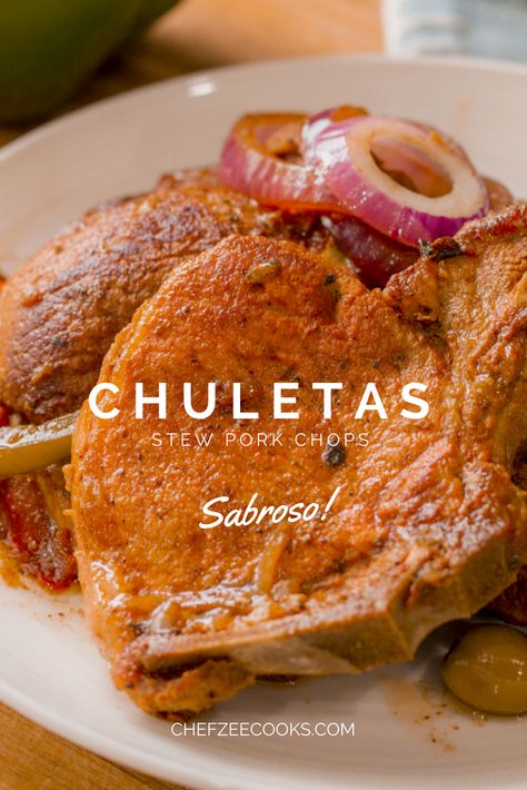 Chuletas Guisadas aka Stew Pork Chops are absolutely delicious! This Hispanic Latin Recipe is great with Spanish Rice & Beans! Hands down one of the tastiest and easy to make Pork Chops that you will find. The sauce/gravy itself it out of this world. Give this recipe a try and pair it with your favorite side dishes. If you love Pernil, then you'll definitely love Chuletas Guisadas #PorkRecipes #LatinRecipes Chuletas Guisadas, Spanish Rice And Beans, Puerto Rico Food, Boricua Recipes, Rice Beans, Spanish Dishes, Spanish Rice, Puerto Rican Recipes, Hispanic Food