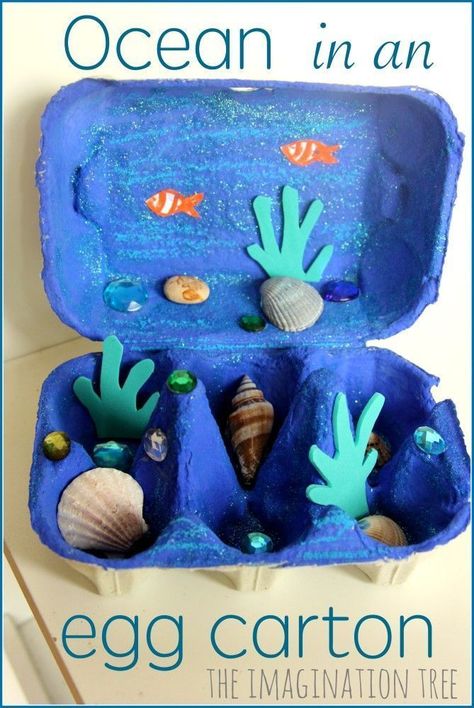 Ocean in an egg carton craft for kids. Carnival of Animals-Aquarium Carton Craft, Ocean Craft, Ocean Theme Crafts, Under The Sea Crafts, Imagination Tree, Recycled Crafts Kids, Ocean Kids, Egg Carton Crafts, Cute Egg