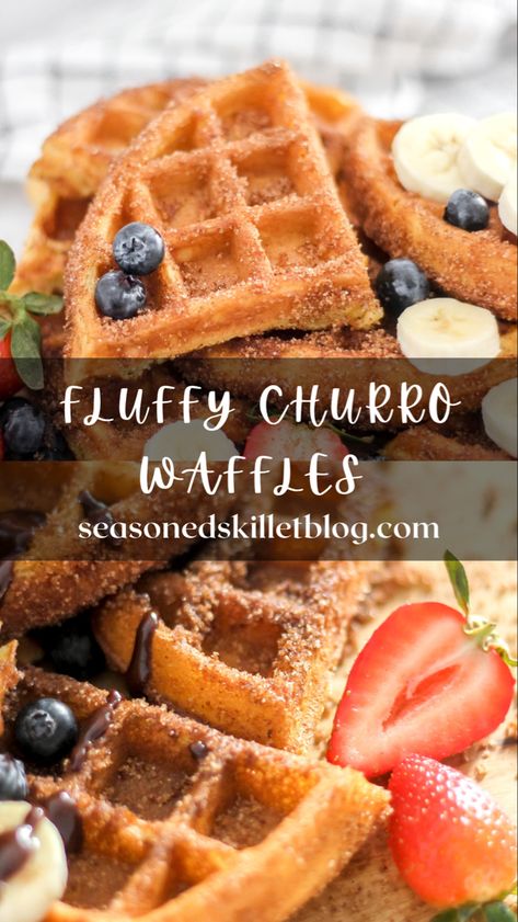 Light and Fluffy Churro Waffles with Warm Chocolate Ganache are the perfect breakfast or brunch recipe that’s easy, quick and simple to make! They are light and fluffy on the inside, crispy on the outside and served with fresh fruit like bananas, strawberries, blueberries, and a drizzle of warm chocolate sauce or whipped cream. Churro Waffles, How To Make Waffles, Fluffy Waffles, Churros Recipe, Crispy Waffle, Brunch Recipe, Strawberries Blueberries, Waffles Maker, Brunch Time