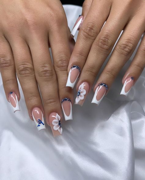 May Nail Art Inspiration: Summer Edition Nail Ideas Short With Initial, Nails With The Letter R On Them, Cute Nails Acrylic With Initial, Short Nail Designs With Initials, Letter A Initial Nails, Summer Nails With Initials, Nails W Initial On It, Blue Initial Nails, Initial D Nails